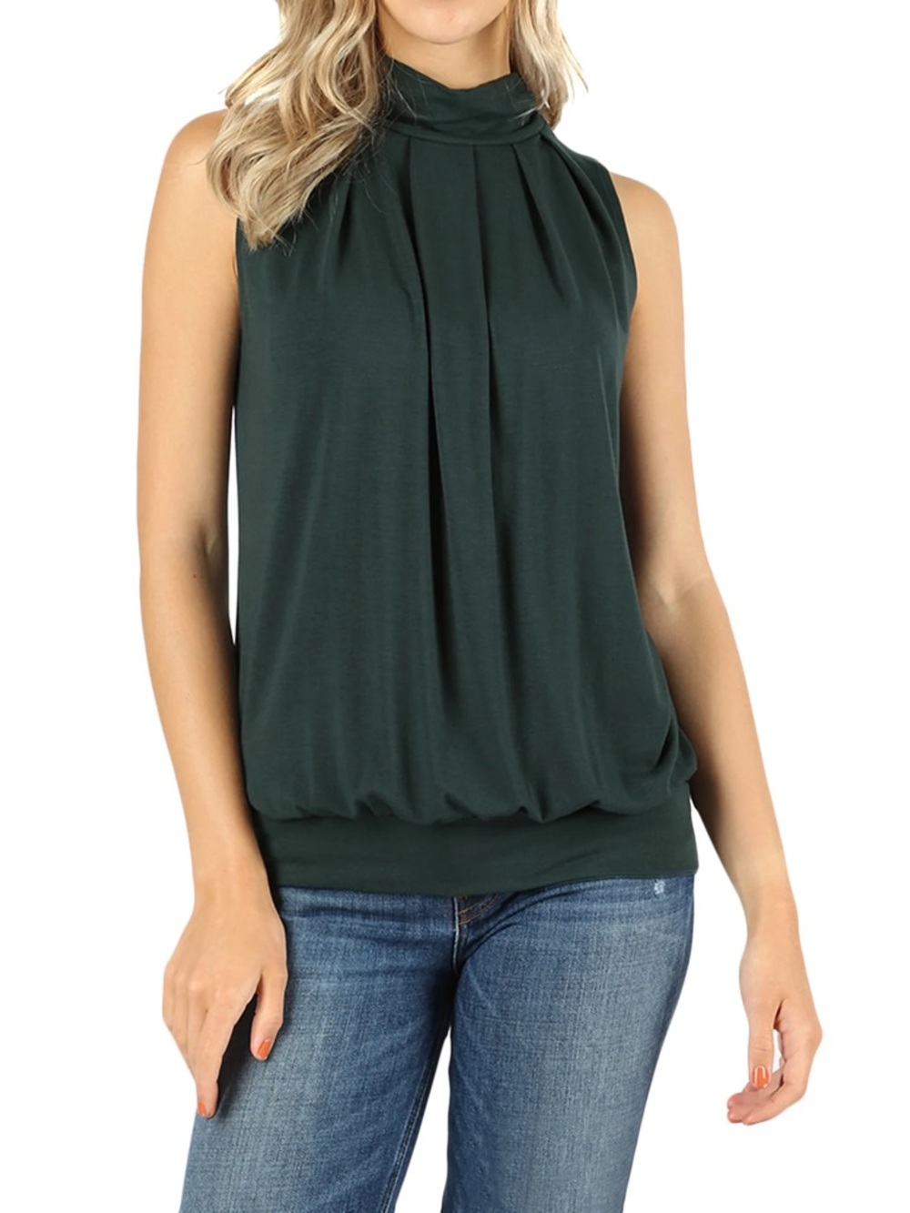 Green sleeveless pleated cowl mock turtleneck Tank Top Shirt Zenana Premium L